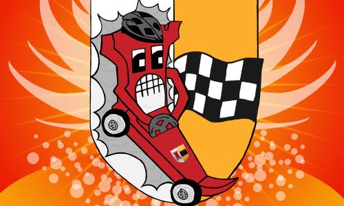 Wappen der Stadt Moers, gestaltet mit einem Seifenkistenwagen mit schwarz-weißer Fahne