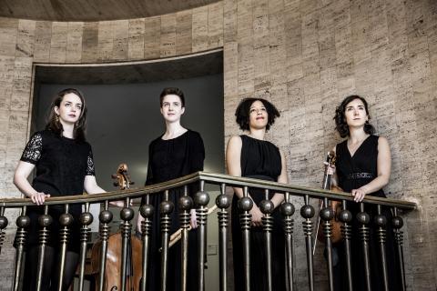 Foto des Ensembles Marsyas Baroque. Ein weibliches Streichquartett.