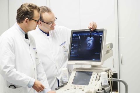 Zwei Ärzte sehen sich ein Ultraschallbild an. 