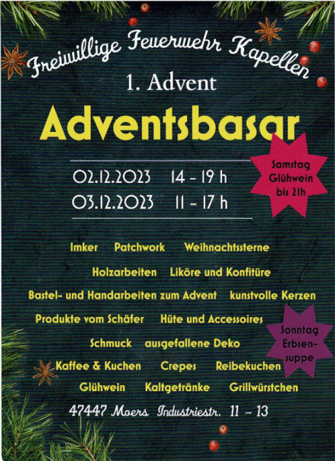 Plakat Adventsbasar Freiwillige Feuerwehr Kapellen.