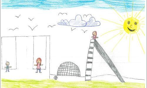 Bild von einem Kind gemalt: 2 Kinder auf Schaukeln und 1 Kind auf einer Rutsche