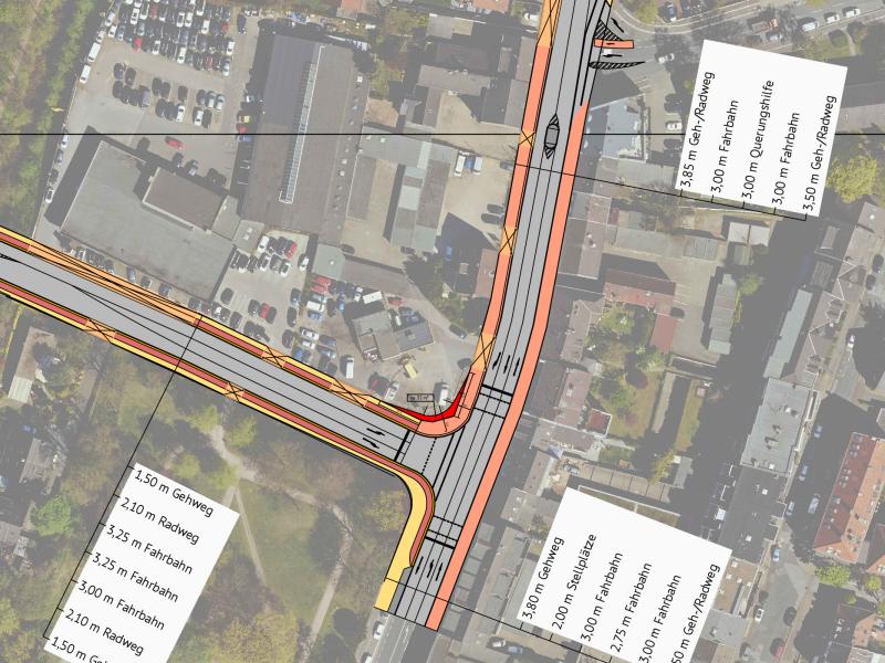 1 Luftbild mit Erklärungen zur Straßenplanung Rheinberger Straße