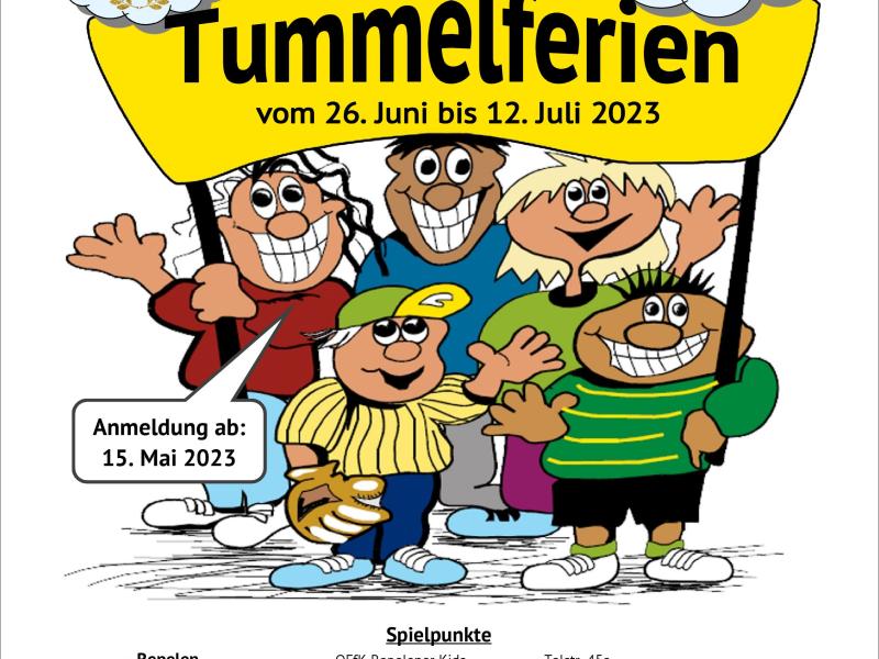 Plakat Tummelferien vom 26.06. bis 12.07.2023 für Kinder von 6 bis 14 Jahren