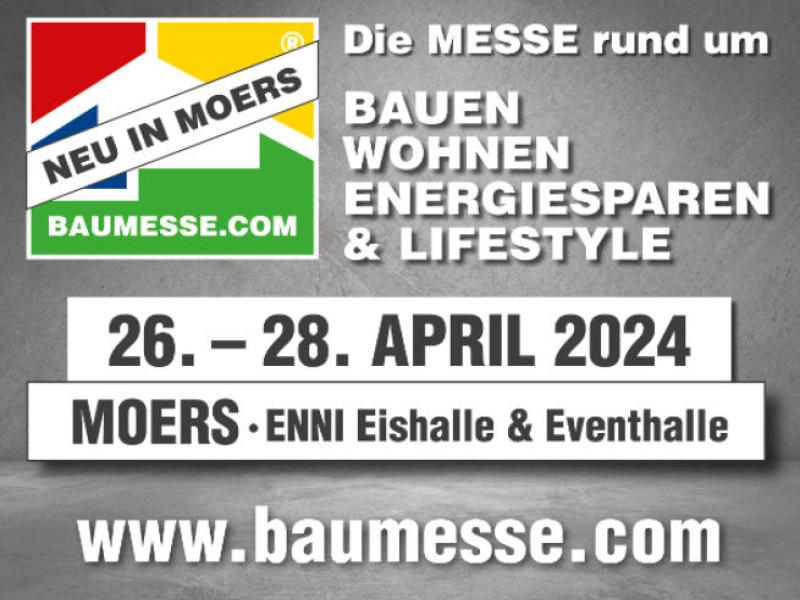 Logo Baumesse.com. Bauen, Wohnen, Energiesparen und Lifestyle. 26.-28.04.2024 Moers, Enni Eishalle & Eventhalle