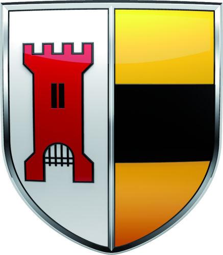 Wappen der Stadt Moers: Schild mit einem roten Turn auf der rechten Seite. Die Linke Seite unterteilt in gelb schwarz gelb