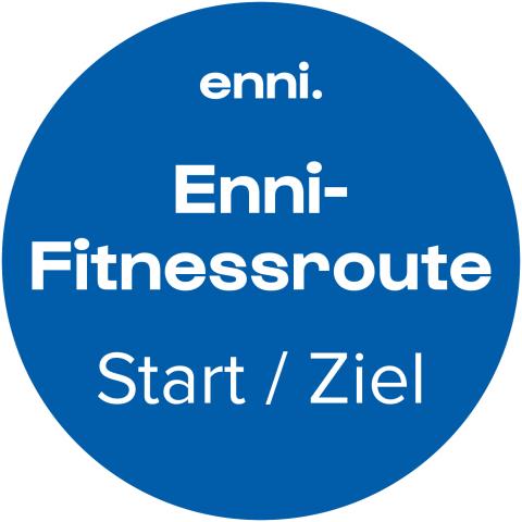 Blauer Kreis mit Text Enni Fitnessroute Start / Ziel