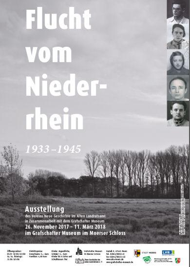 Plakat Flucht vom Niederrhein, Ein Foto von einer niederrheinischen Landschaft und kleine Fotos von Personen
