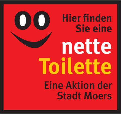 Rotes Schild: Hier finden Sie eine nette Toilette - Eine Aktion der Stadt Moers.