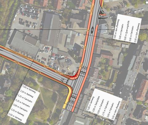 1 Luftbild mit Erklärungen zur Straßenplanung Rheinberger Straße