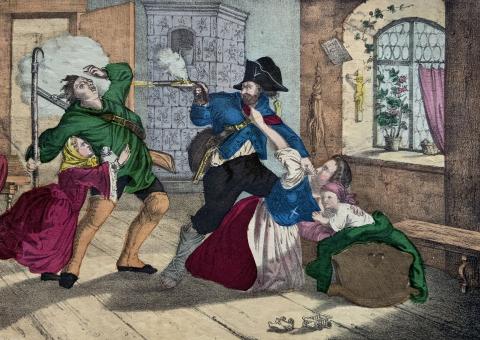 er Raubmörder: Ein Räuber überfällt eine Familie und erschießt den Mann (altkolorierte Lithografie, um 1865)