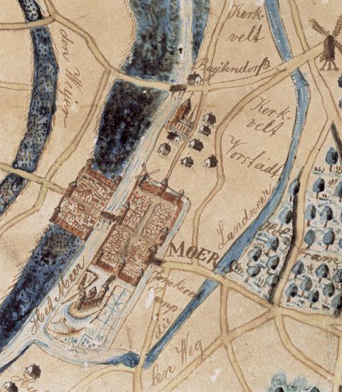 Ausschnitt aus dem Plan Moers und Umgebung vor 1580, Nachzeichnugn des Moerser Landrentmeisters Arnold von Heurdt