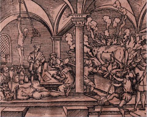 Folterdarstellung aus der Peinlichen Halsgerichtsordnung Kaiser Karls V. von 1532.