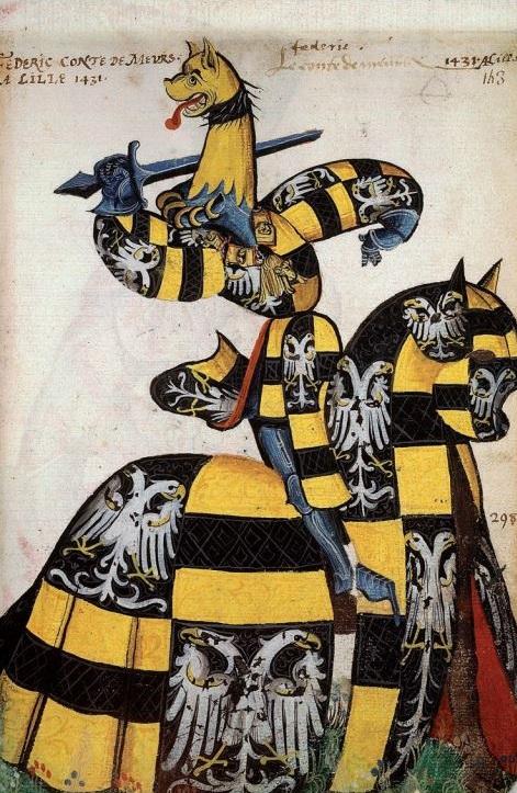 Heraldisches Reiterporträt Friedrichs III. im Wappenbuch des Herolds Toison d’Or (zwischen 1429 und 1461)