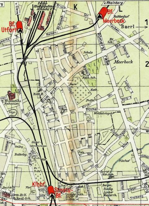 Ursprüngliche Straßennamen und Trennungslinie der beiden Gemeinden (Pharus-Plan 1928)