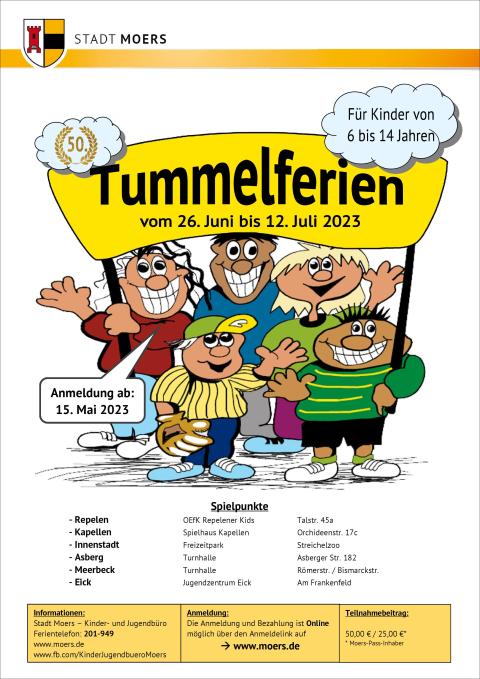 Plakat Tummelferien vom 26.06. bis 12.07.2023 für Kinder von 6 bis 14 Jahren