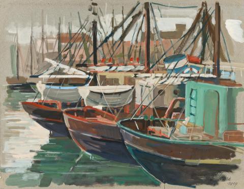 Ein Gemälde von einem Hafen mit Booten.